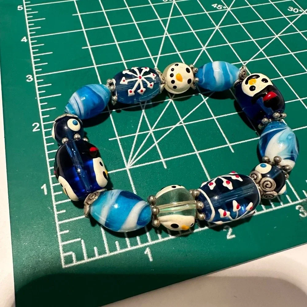 Glass Beads Stretch Bracelet Blue White Snowman Snowflake‎ Christmas Handmade